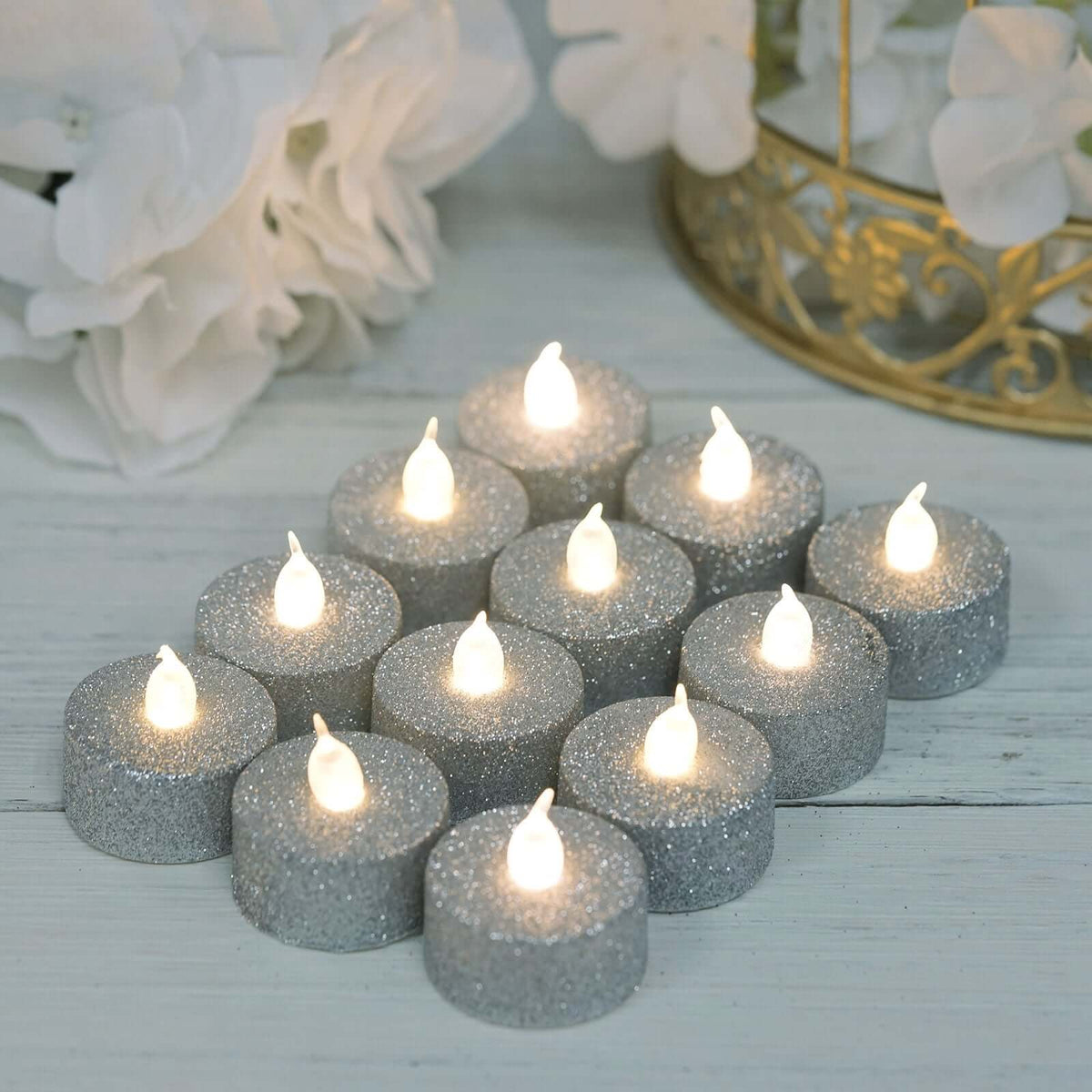 12-Pack LED Tealight Candles Glitter Silver 1.5x1.5in