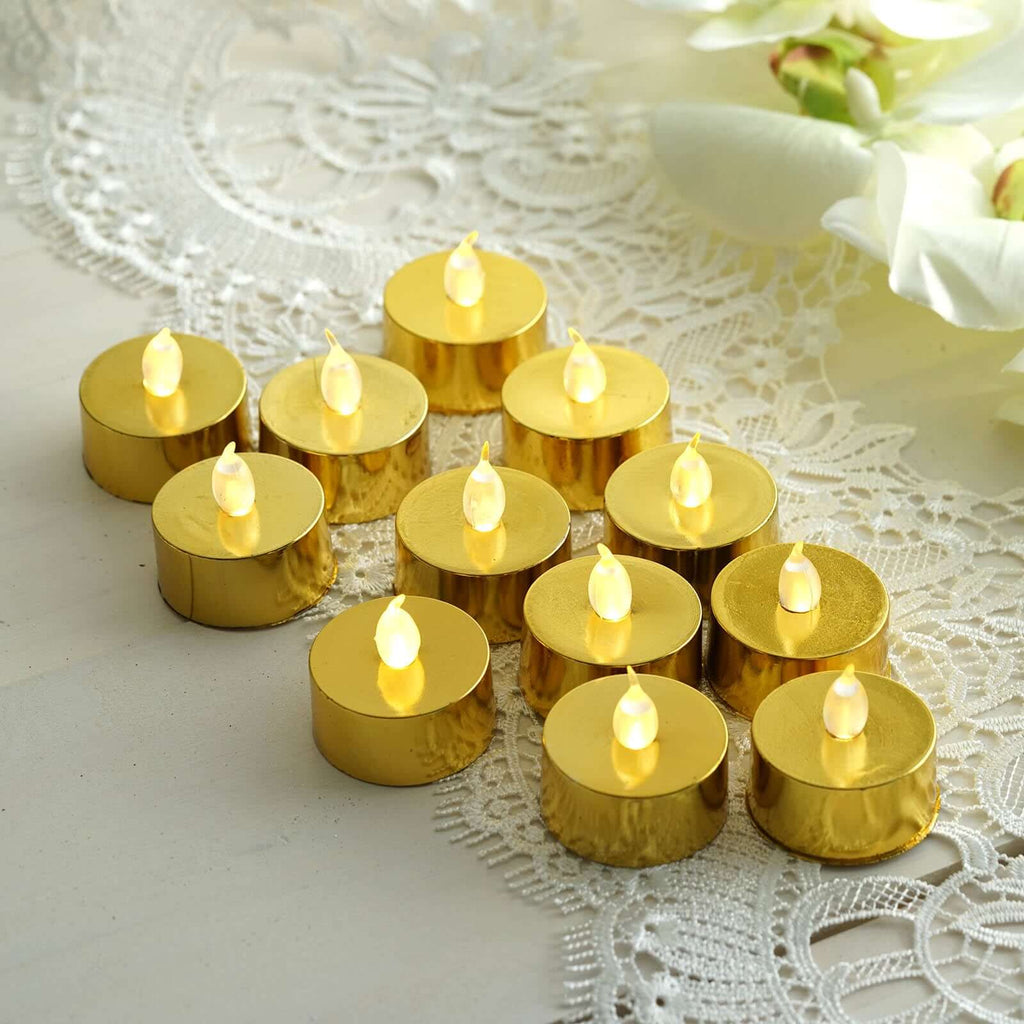 12-Pack 1.5 Inch Metallic Plastic LED Tealight Candles Gold