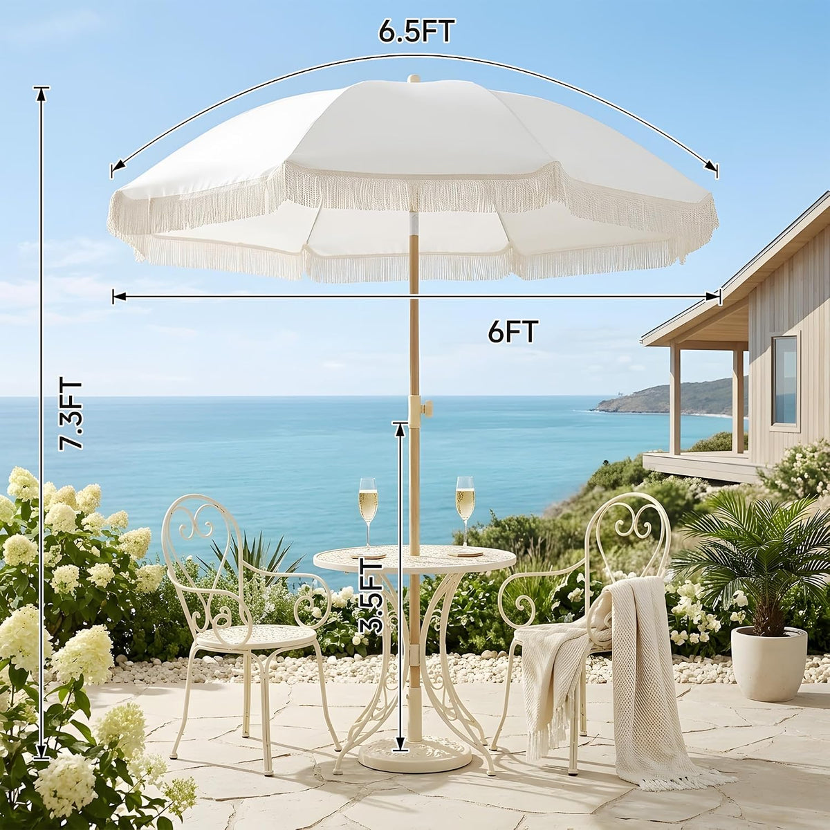 Kbrellaoutlets 6.5ft Boho Patio Umbrella with Fringe Push Button Tilt