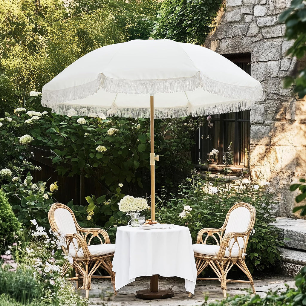 Kbrellaoutlets 6.5ft Boho Patio Umbrella with Fringe Push Button Tilt