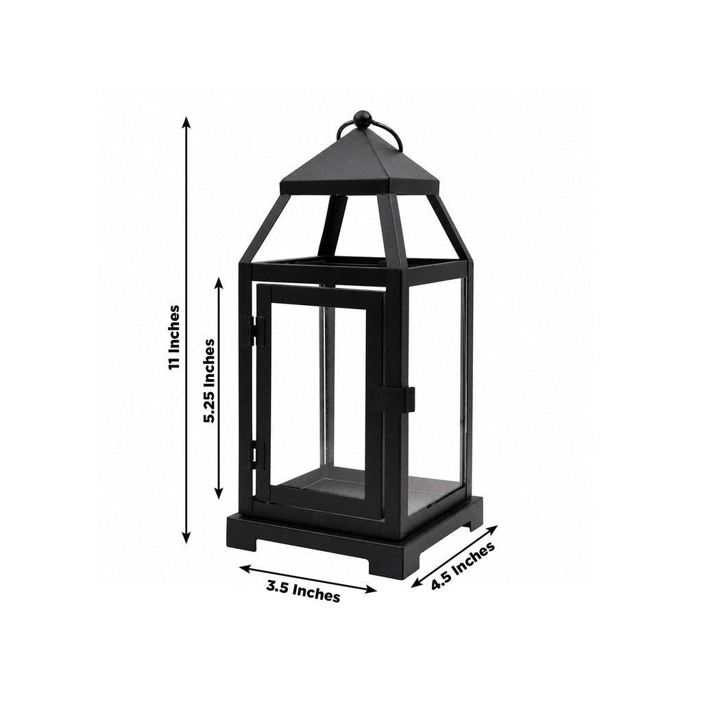 11in Vintage Metal Candle Lantern with Glass Panels Black