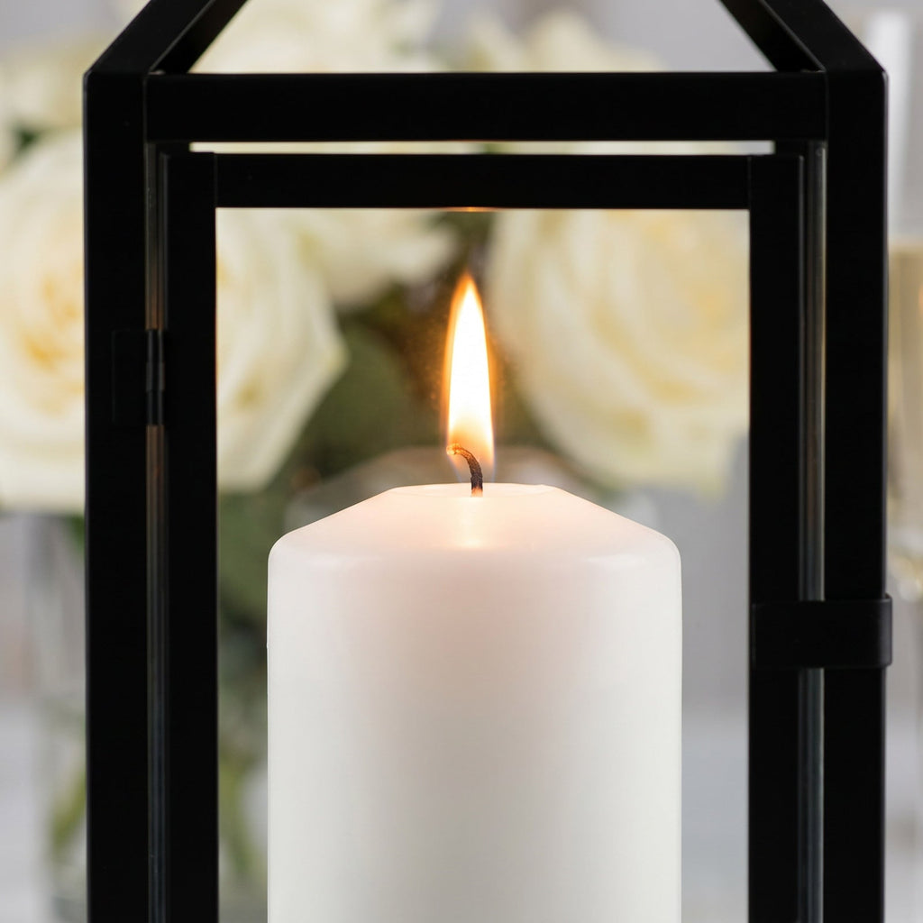 11in Vintage Metal Candle Lantern with Glass Panels Black
