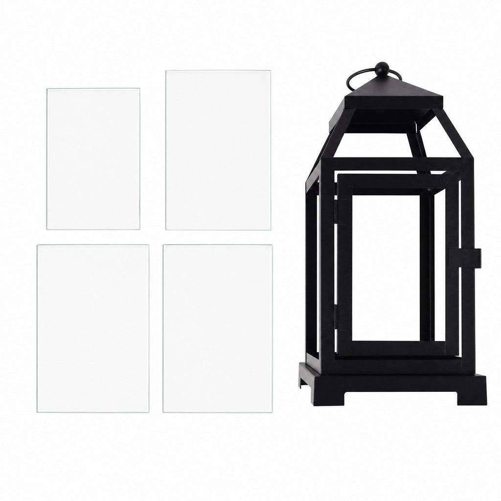 11in Vintage Metal Candle Lantern with Glass Panels Black