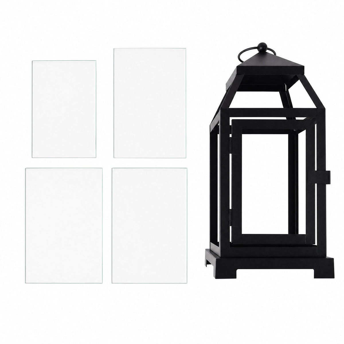 11in Vintage Metal Candle Lantern with Glass Panels Black