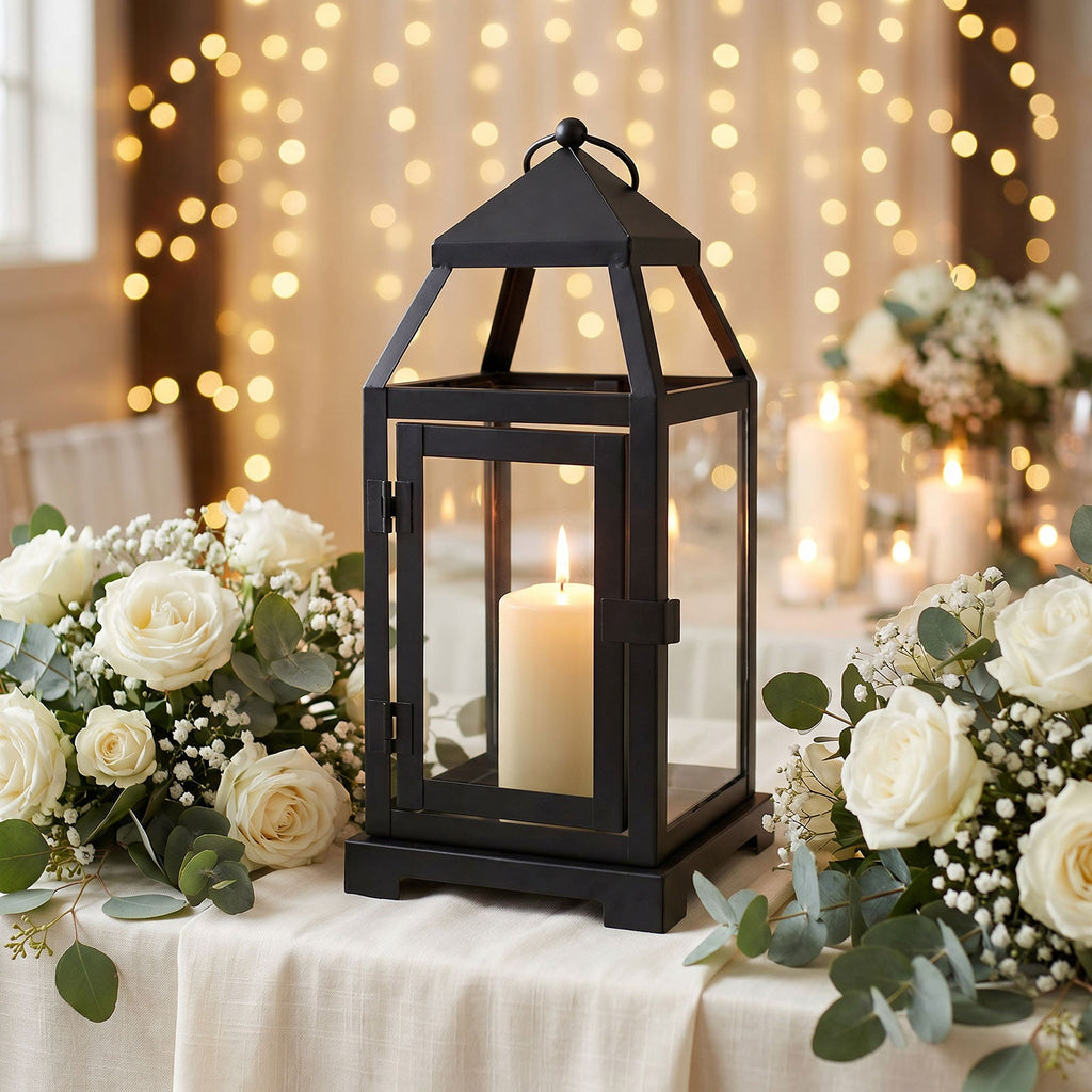 11in Vintage Metal Candle Lantern with Glass Panels Black
