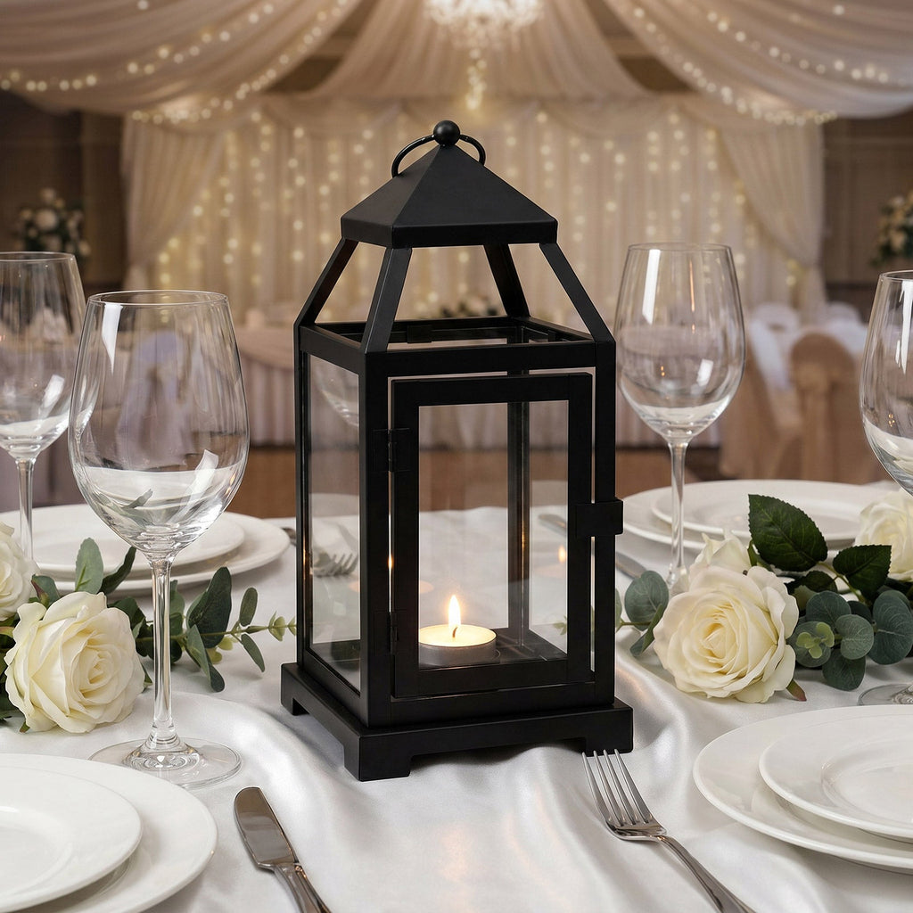 11in Vintage Metal Candle Lantern with Glass Panels Black