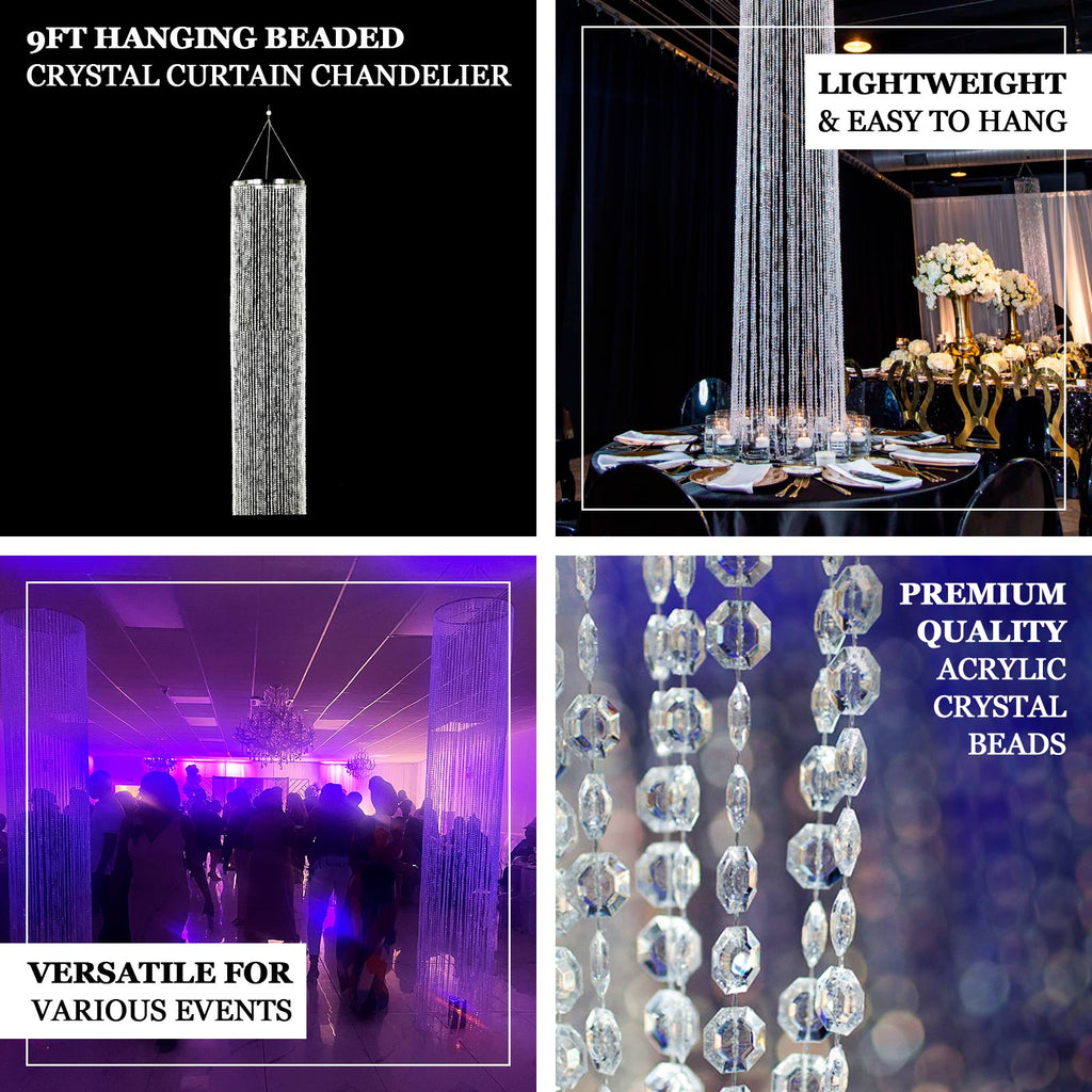 9ft Beaded Crystal Column Chandelier Silver