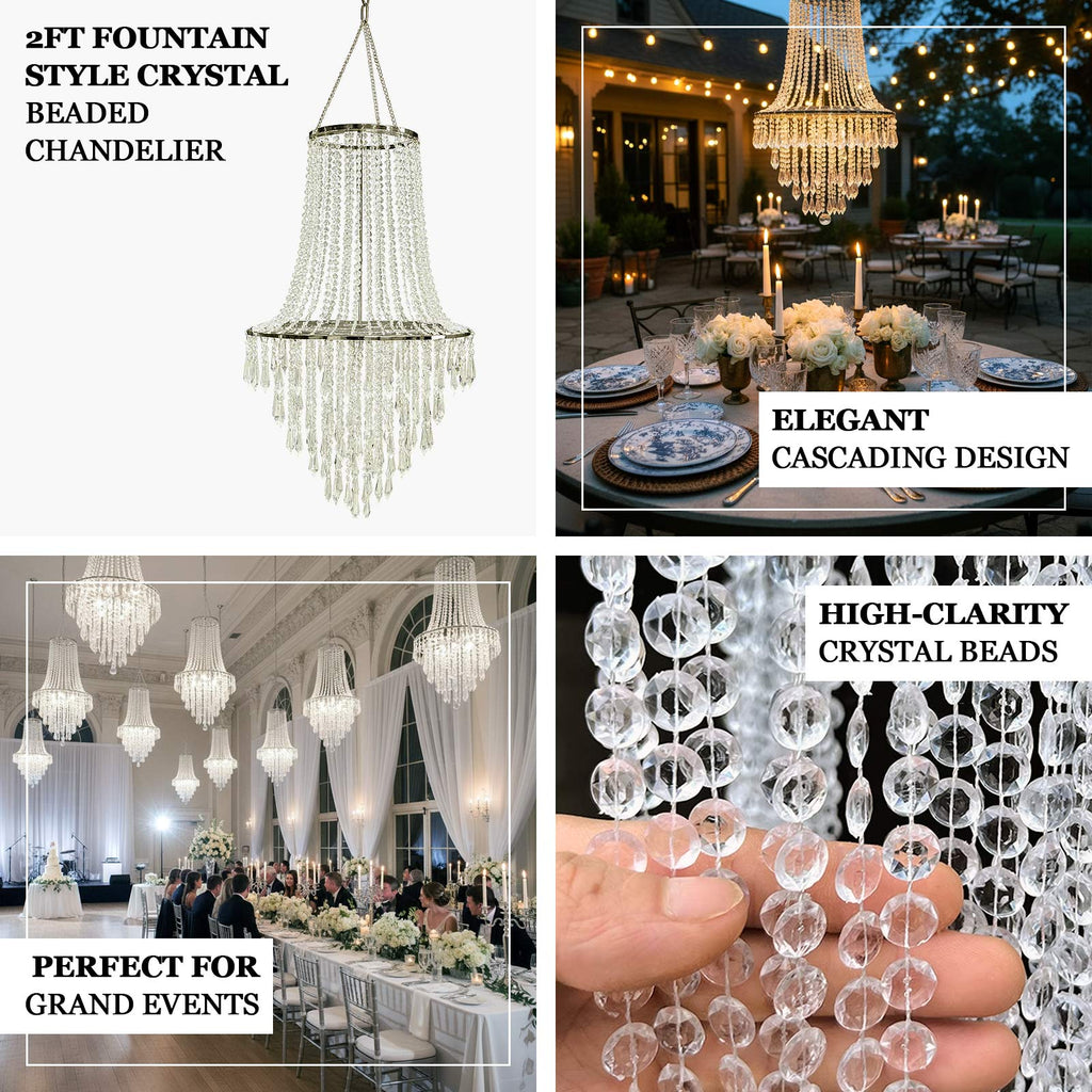 2ft Fountain Crystal Beaded Chandelier Silver