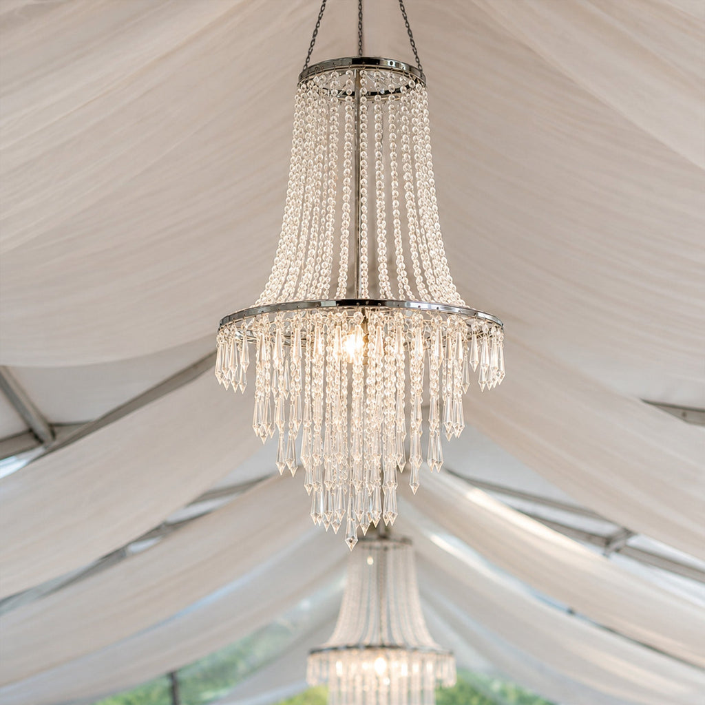 2ft Fountain Crystal Beaded Chandelier Silver