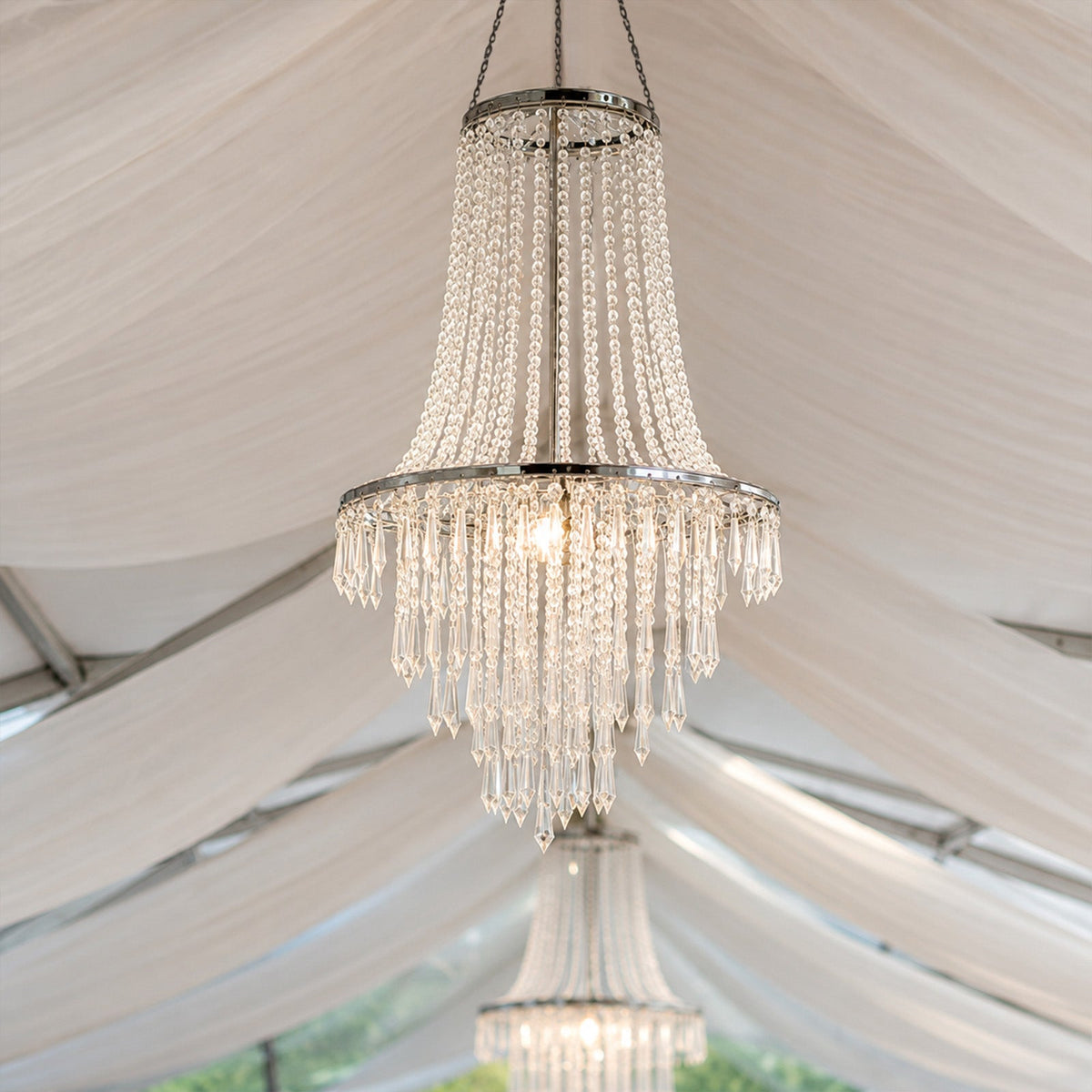 2ft Fountain Crystal Beaded Chandelier Silver