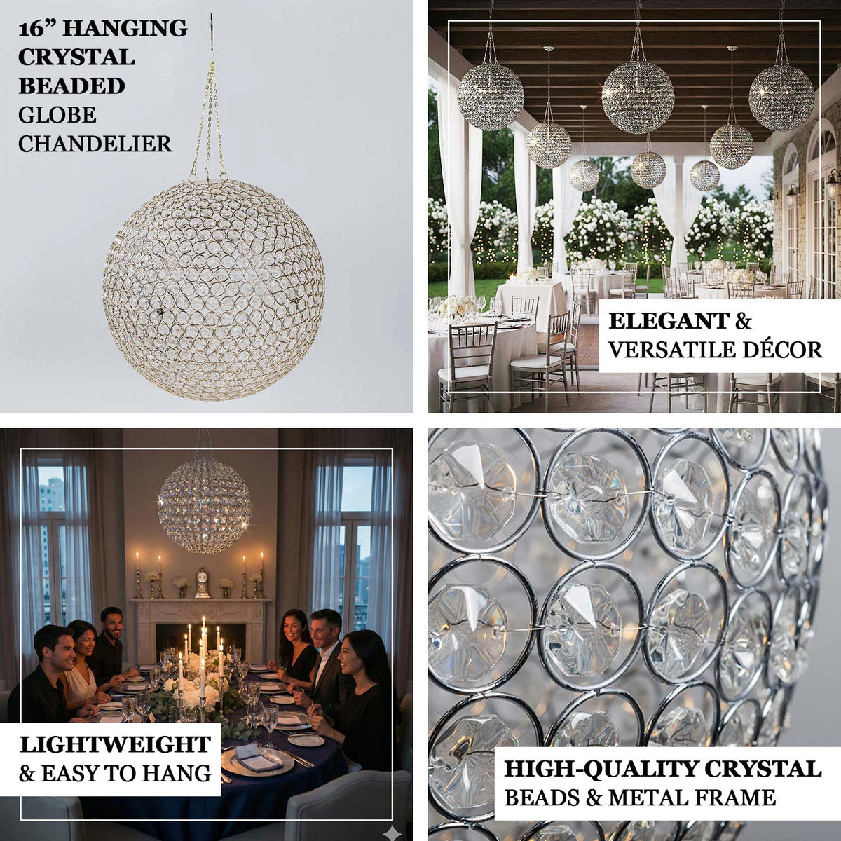 16" Crystal Globe Hanging Pendant Chandelier Silver