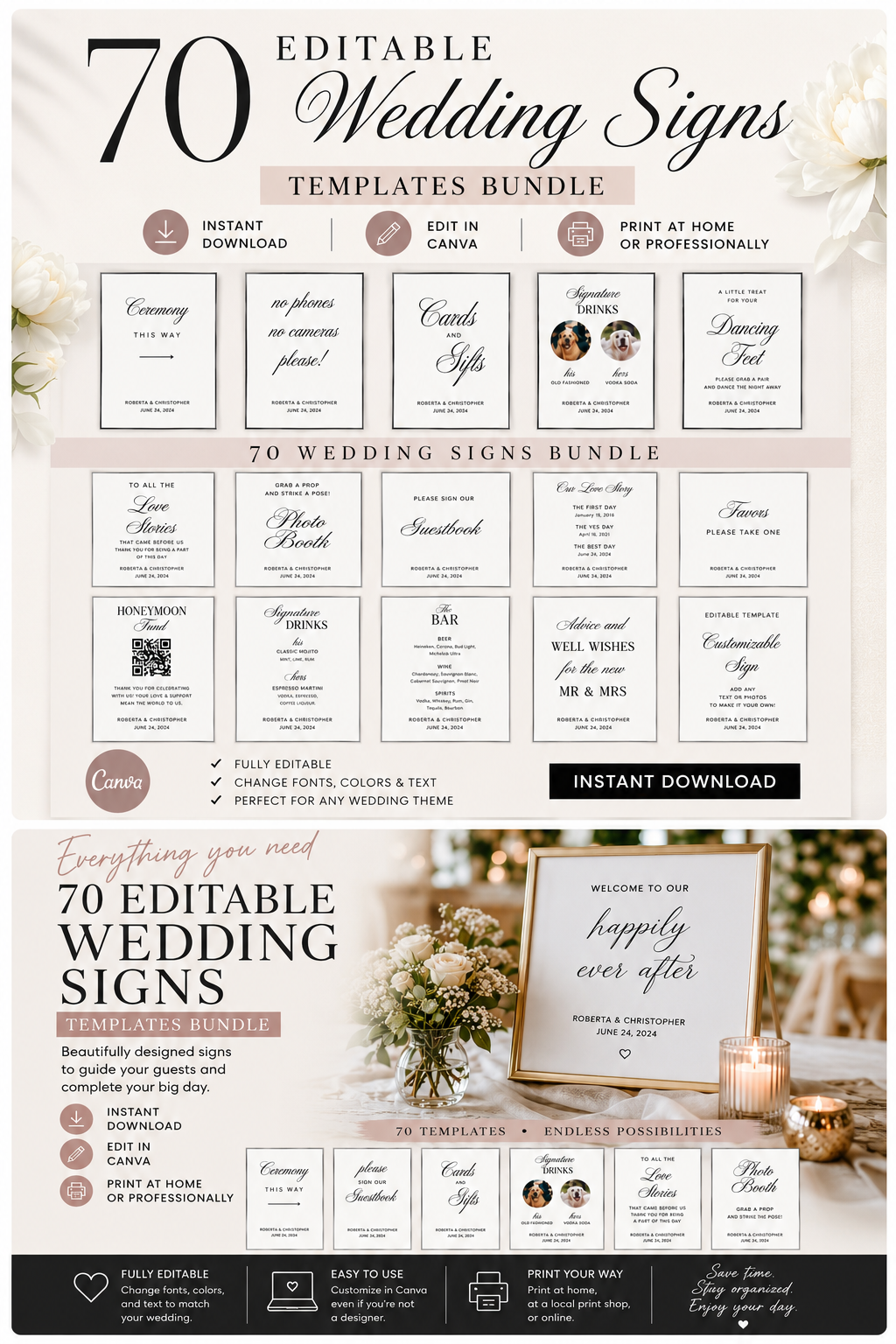 (FOR SALE) Old Money Minimalist Wedding Sign Templates 70 Piece Editable Bundle (Instant Delivery)