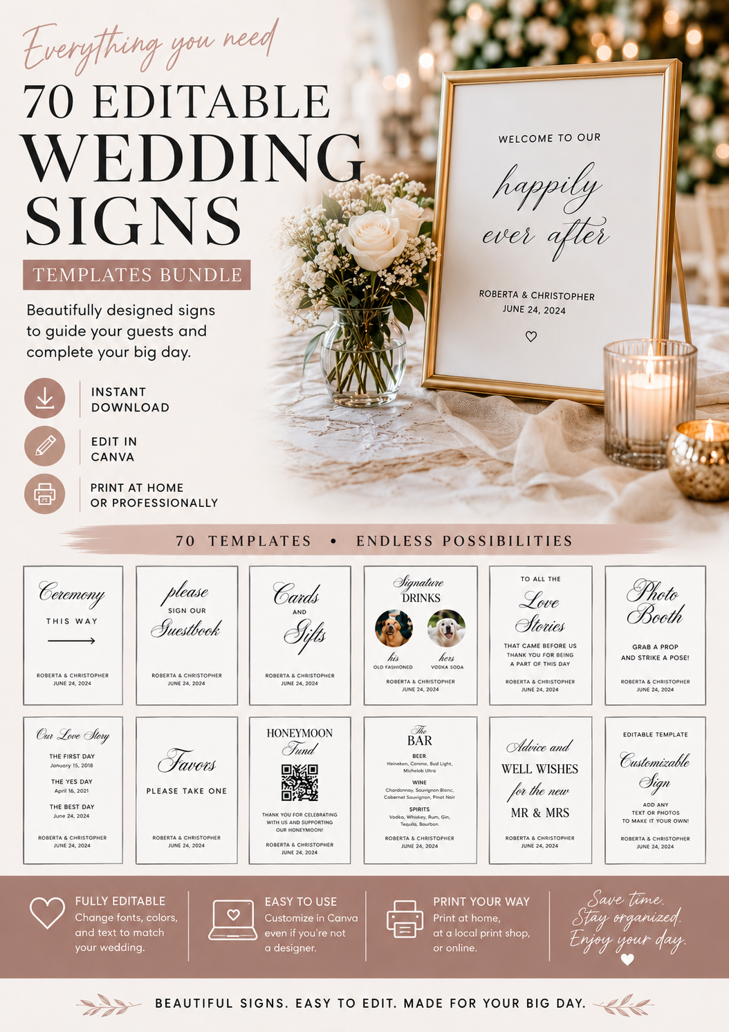 (FOR SALE) Old Money Minimalist Wedding Sign Templates 70 Piece Editable Bundle (Instant Delivery)