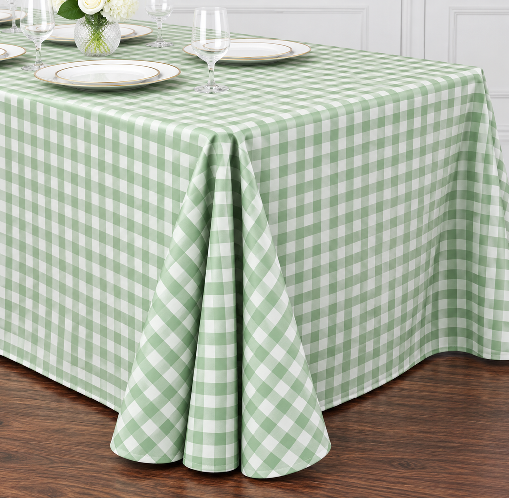 Long Sage Green Checkered Tablecloth