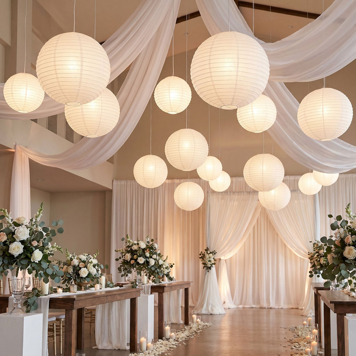 10 Pack Round Hanging Paper Lanterns 30 in White