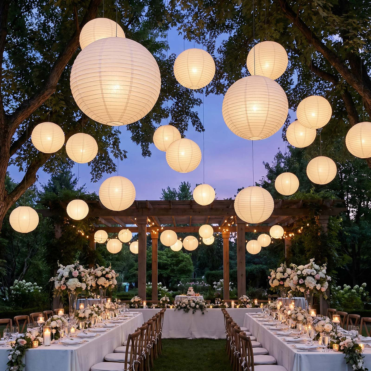 10 Pack Round Hanging Paper Lanterns 30 in White