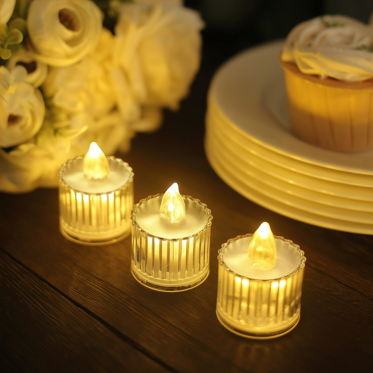 12 Pack Warm White LED Tealight Candles 2in Column Style Clear