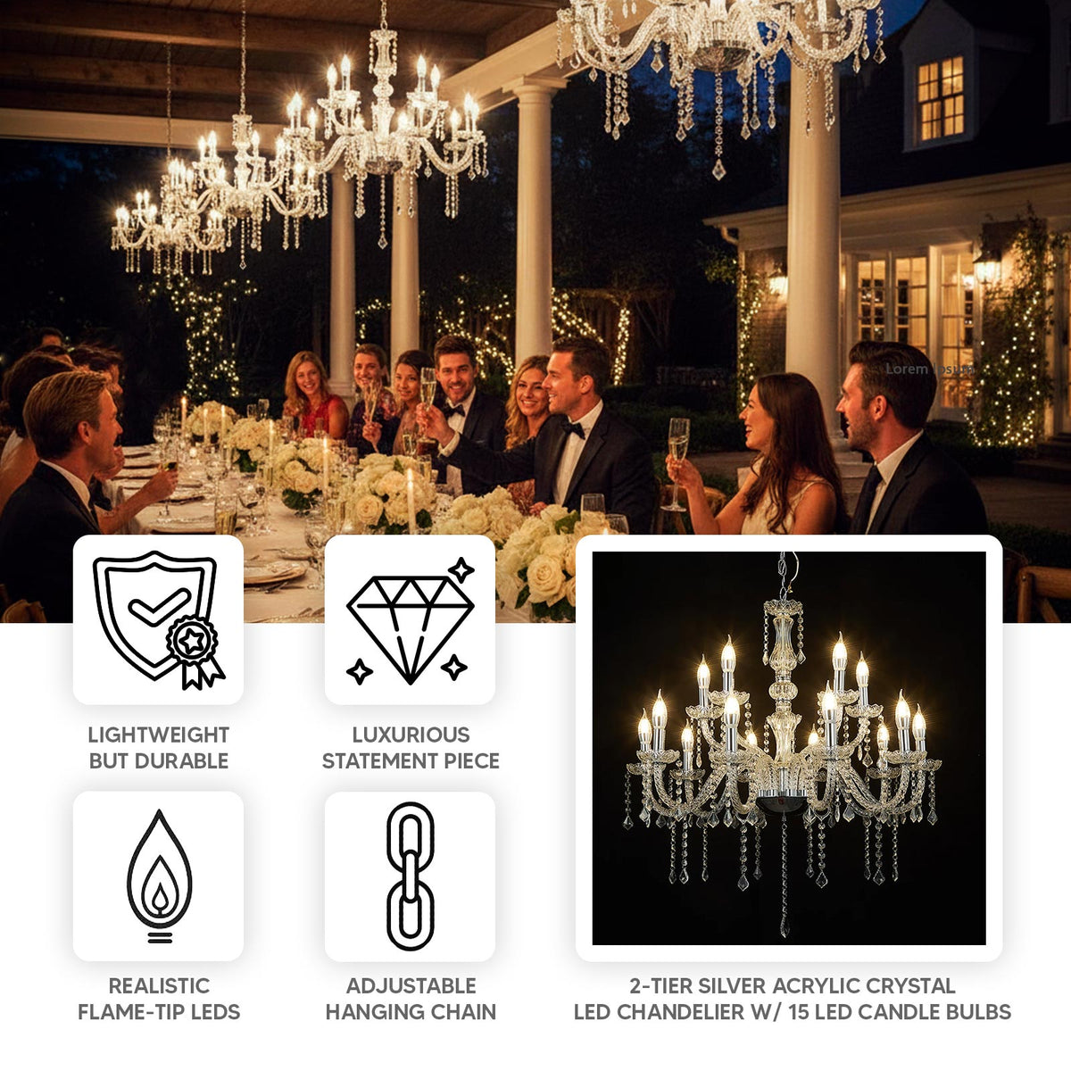 2.5x2.6ft 2-Tier Crystal Chandelier With 15 LED Bulbs Silver