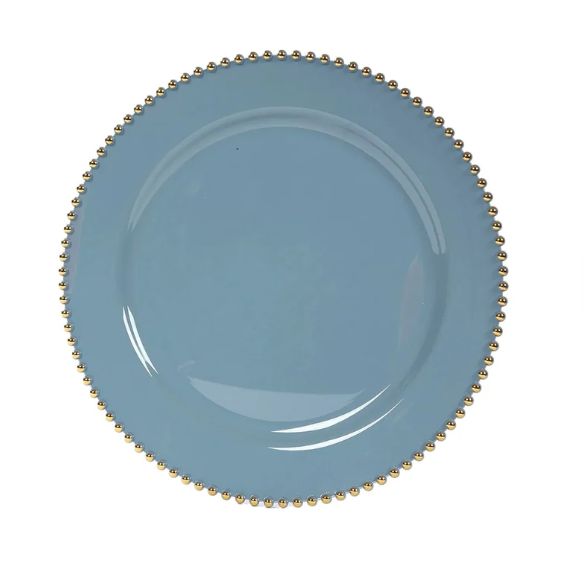 13-inch Dusty Blue Charger Plate with Gold Beaded Rim