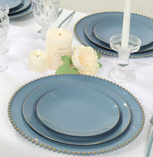 13-inch Dusty Blue Charger Plate with Gold Beaded Rim