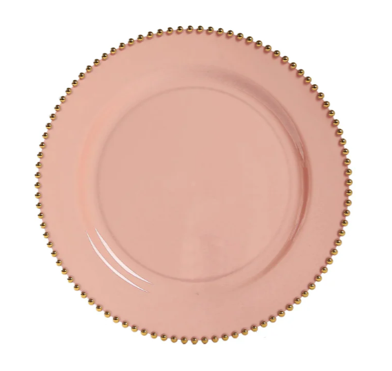 13-Inch Dusty Rose Plastic Charger Plates with Gold Beaded Rim