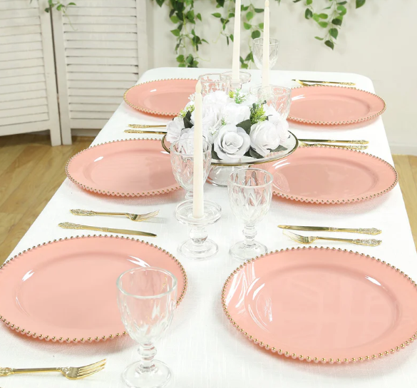 13-Inch Dusty Rose Plastic Charger Plates with Gold Beaded Rim