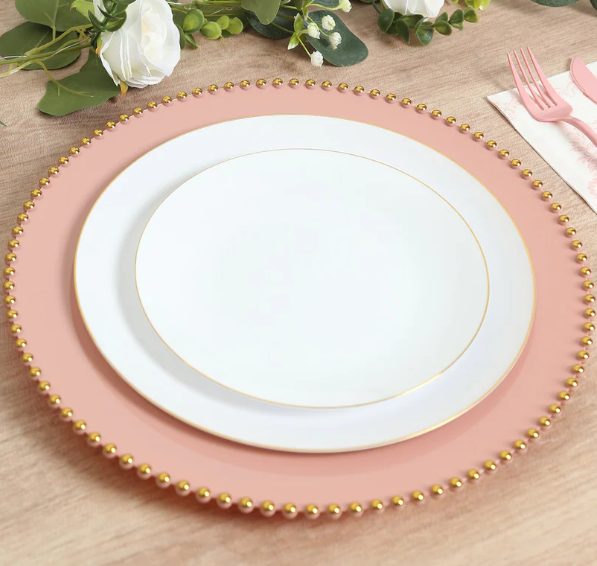 13-Inch Dusty Rose Plastic Charger Plates with Gold Beaded Rim