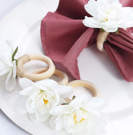 Silk Jasmine Flower Napkin Rings Wooden Holder