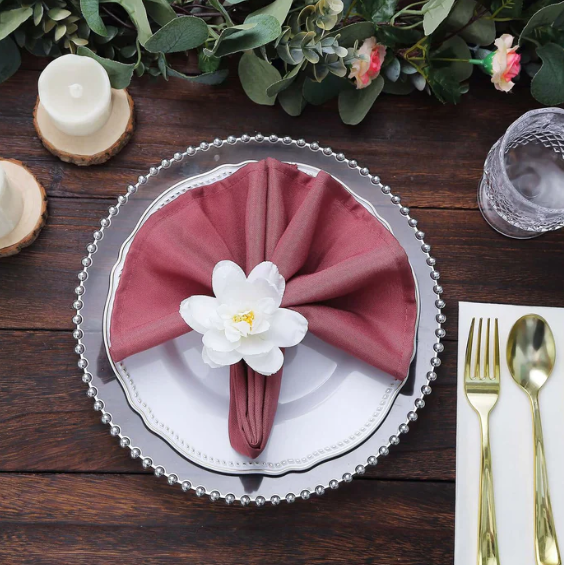 Silk Jasmine Flower Napkin Rings Wooden Holder