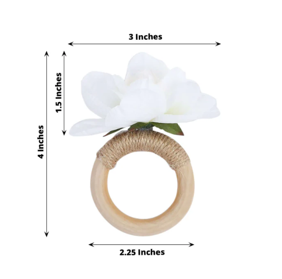Silk Jasmine Flower Napkin Rings Wooden Holder
