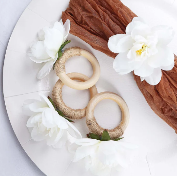Silk Jasmine Flower Napkin Rings Wooden Holder