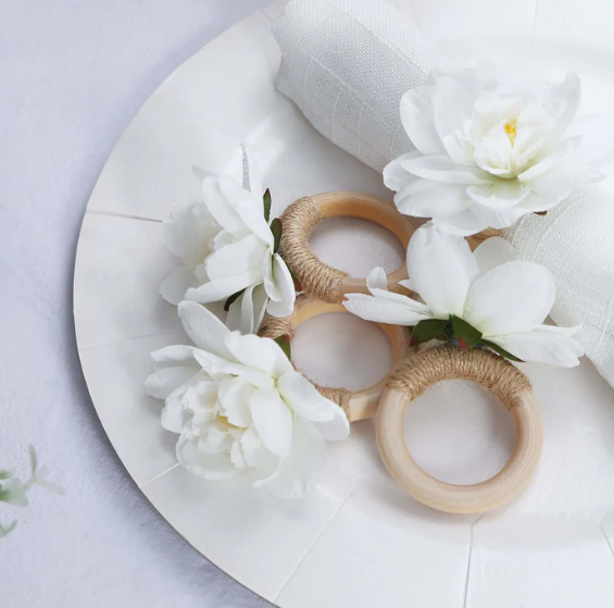 Silk Jasmine Flower Napkin Rings Wooden Holder