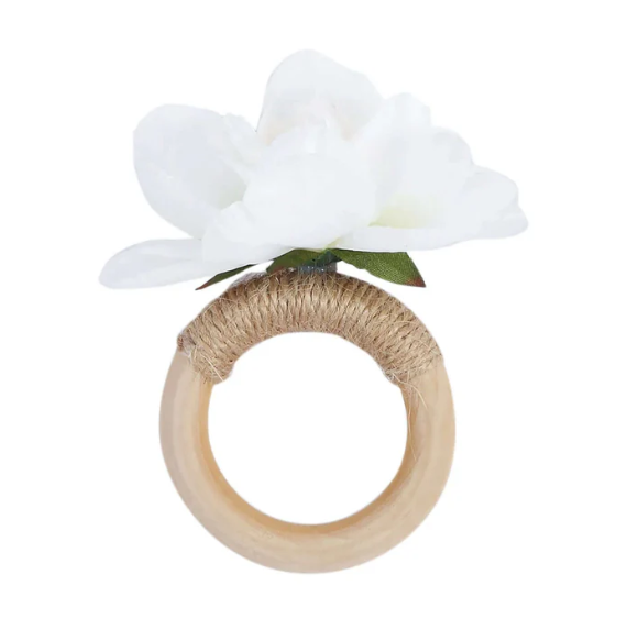 Silk Jasmine Flower Napkin Rings Wooden Holder