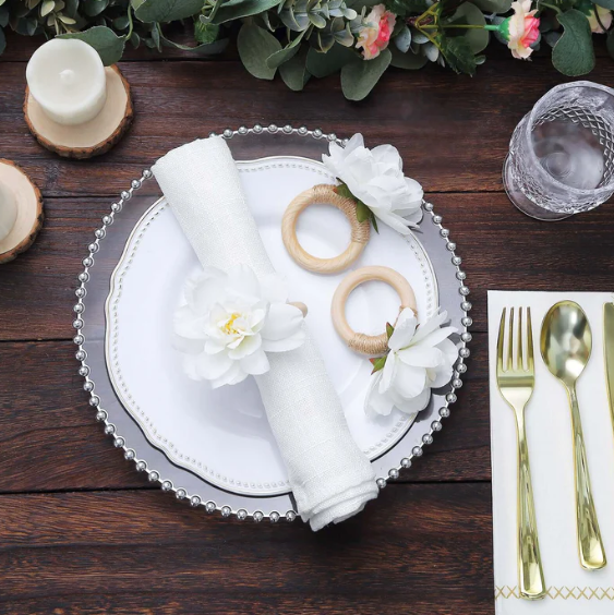 Silk Jasmine Flower Napkin Rings Wooden Holder
