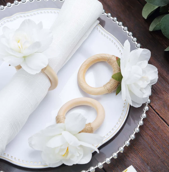 Silk Jasmine Flower Napkin Rings Wooden Holder