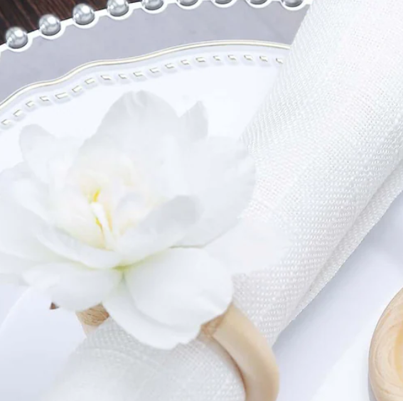 Silk Jasmine Flower Napkin Rings Wooden Holder