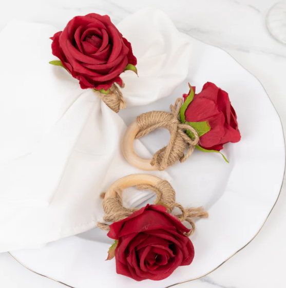 Artificial Rose Wooden Napkin Holders Red