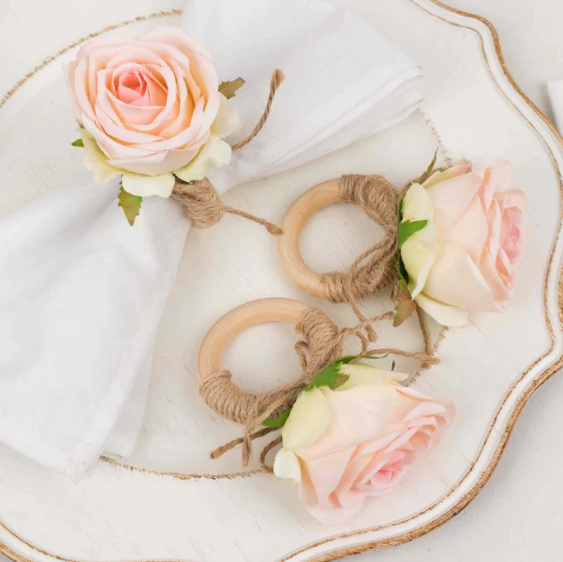 Silk Rose Wooden Napkin Rings Blush