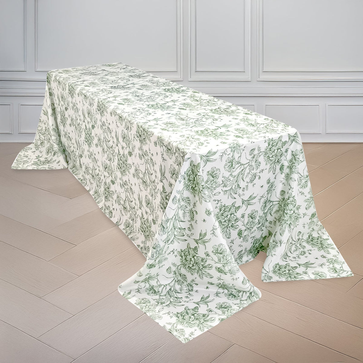 Polyester 90x132 Inch Rectangle Tablecloth White Dusty Sage Green French Toile