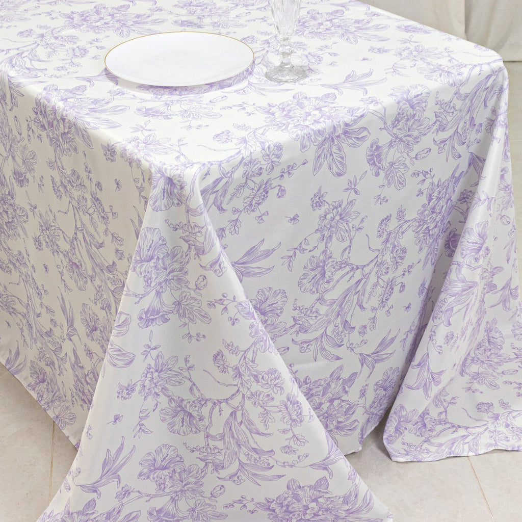 French Toile Polyester Tablecloth 90x132 Lavender Lilac