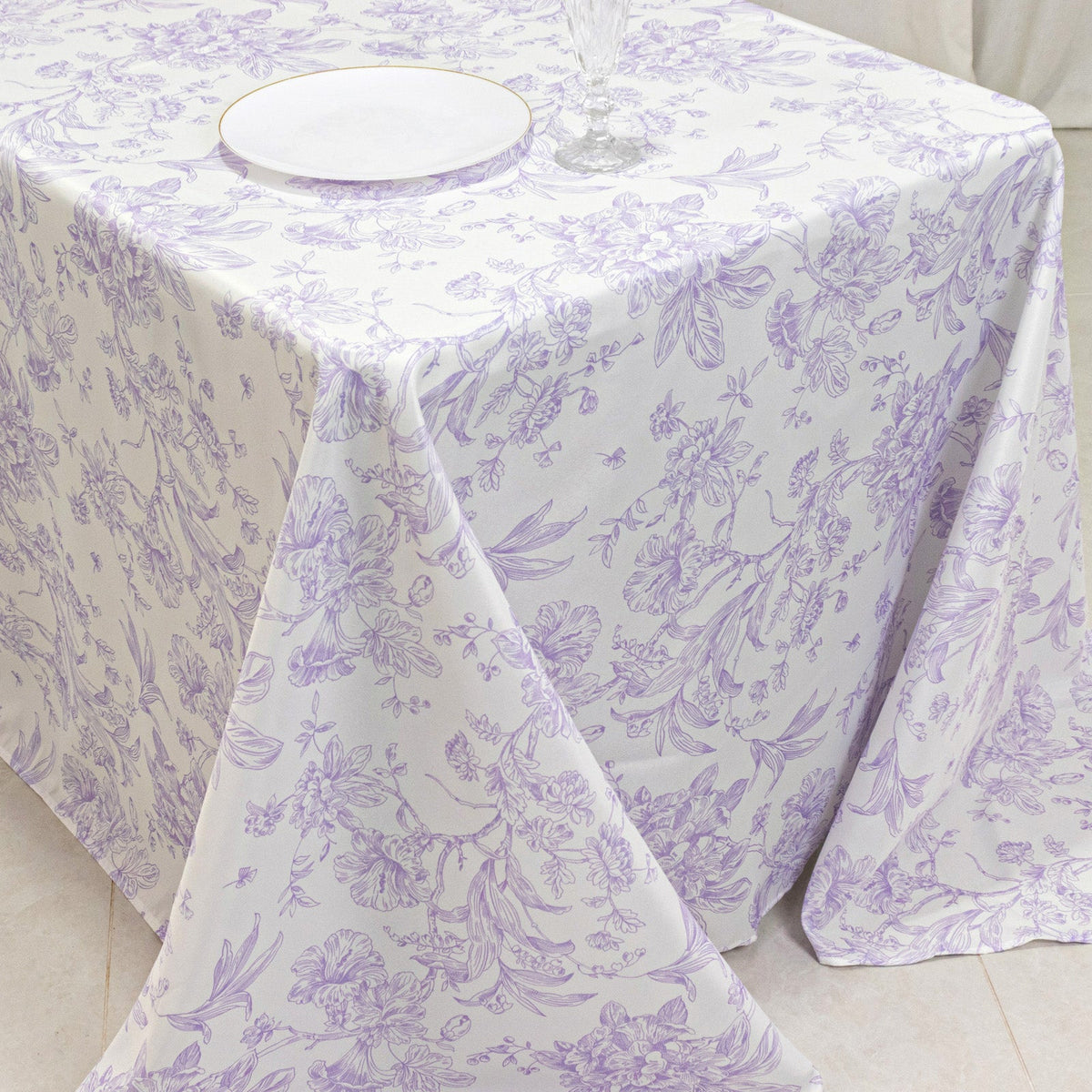 French Toile Polyester Tablecloth 90x132 Lavender Lilac