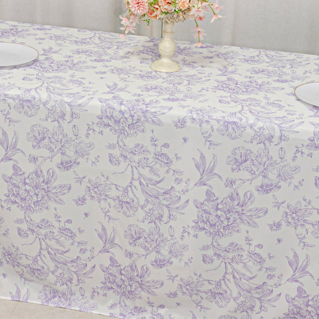 French Toile Polyester Tablecloth 90x132 Lavender Lilac