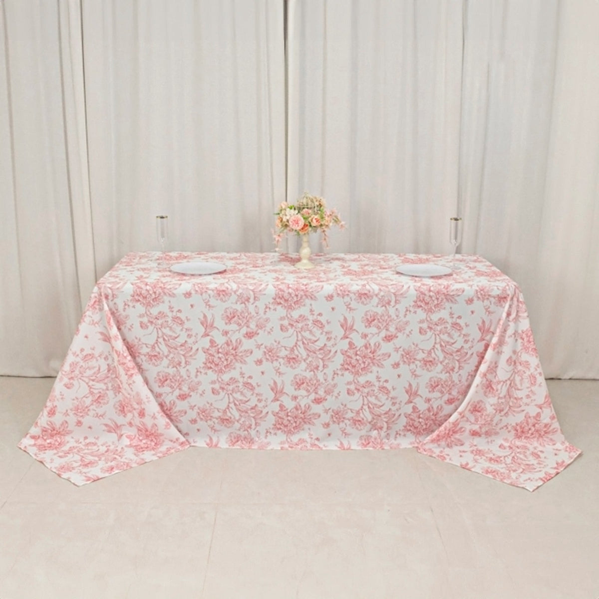 Polyester 90x132 Inch Rectangle Tablecloth French Toile White Pink