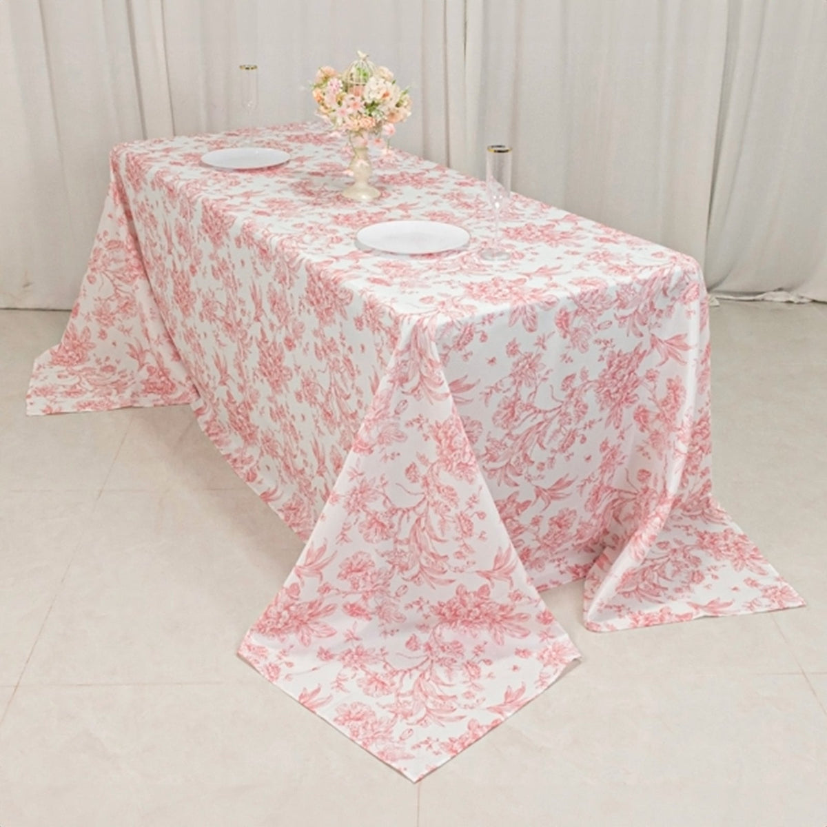 Polyester 90x132 Inch Rectangle Tablecloth French Toile White Pink