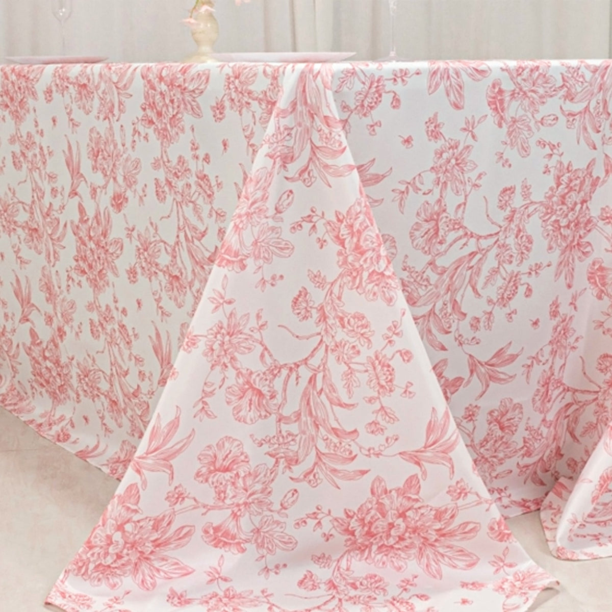 Polyester 90x132 Inch Rectangle Tablecloth French Toile White Pink