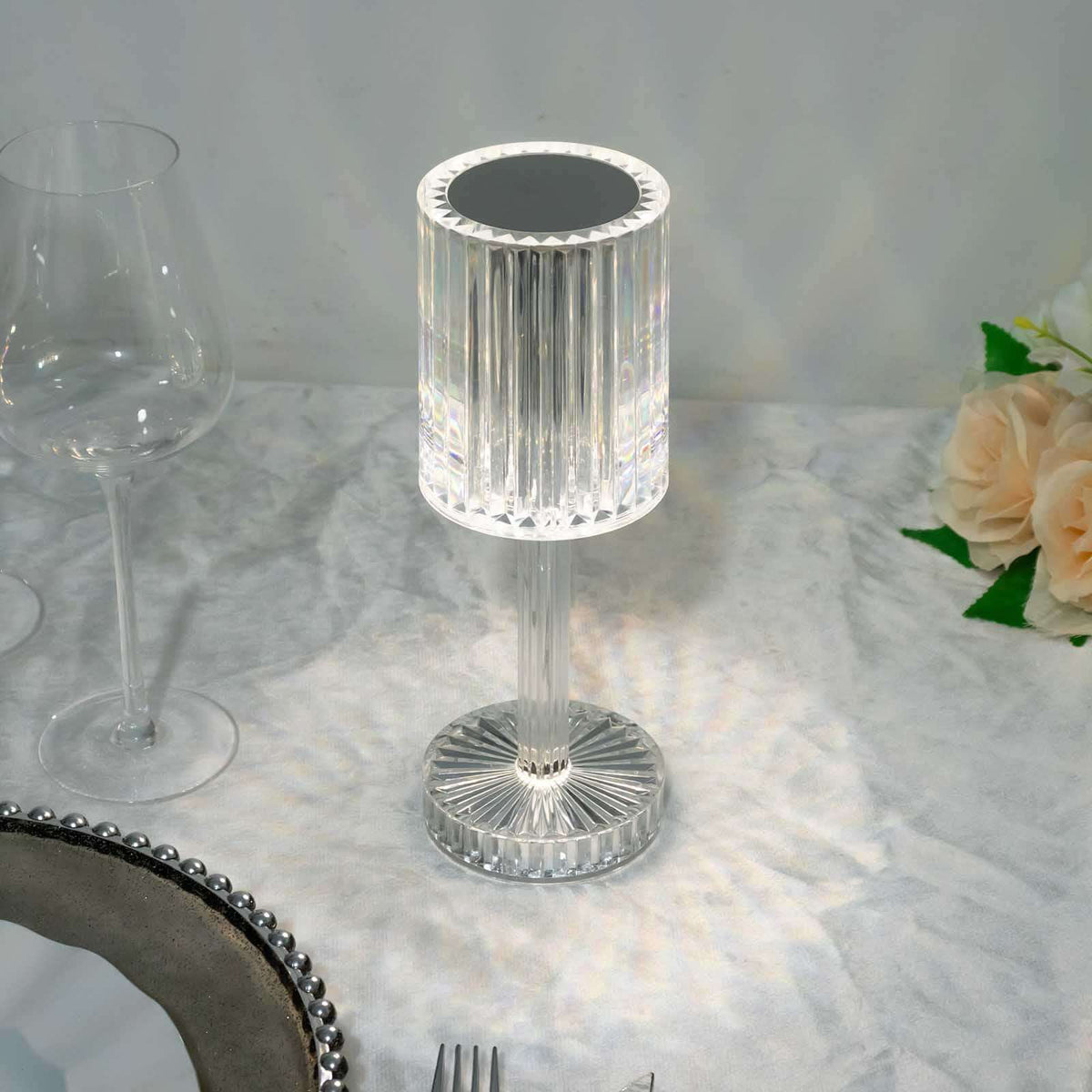 10 Inch Cylinder Acrylic Rechargeable Cordless LED Table Lamp Clear