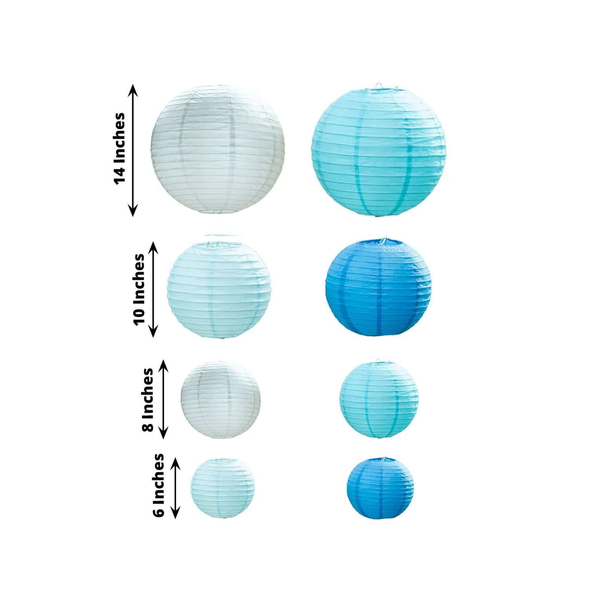 Round Hanging Paper Lanterns 6 to 14 in Set of 8 Mixed Blue and White