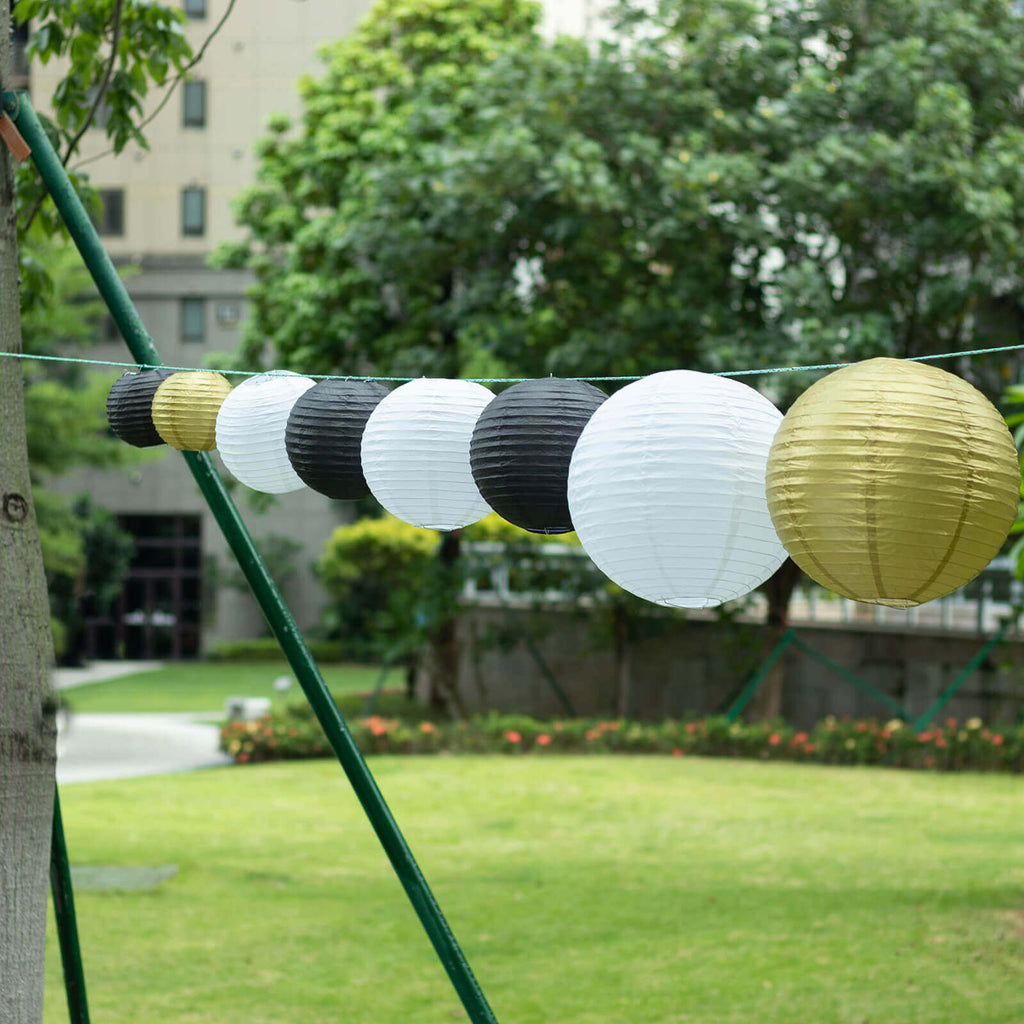 Round Hanging Paper Lanterns 6 to 14 in Set of 8 Black and Gold