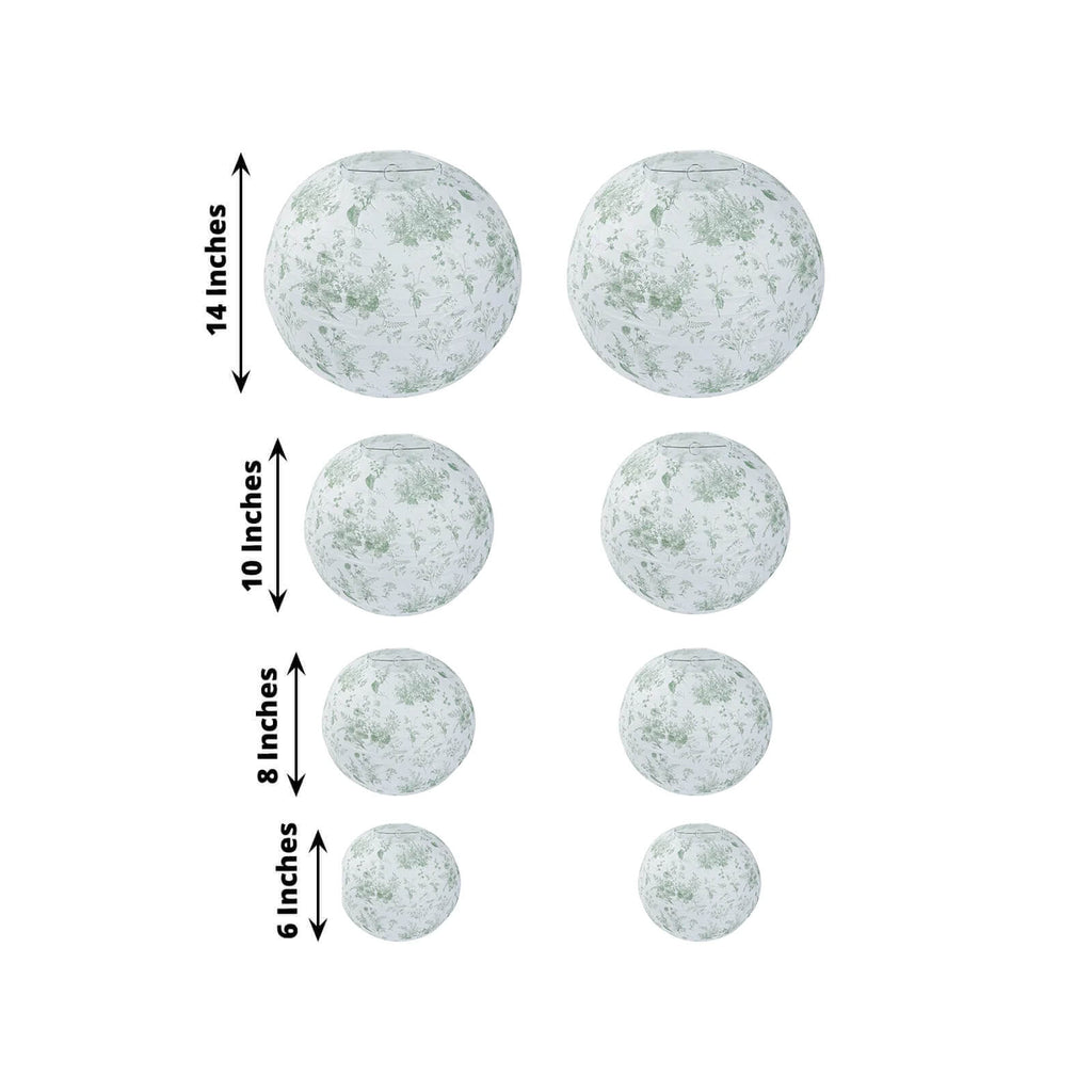 French Toile Floral Hanging Paper Lanterns 6 to 14 in Set of 8 Sage Green