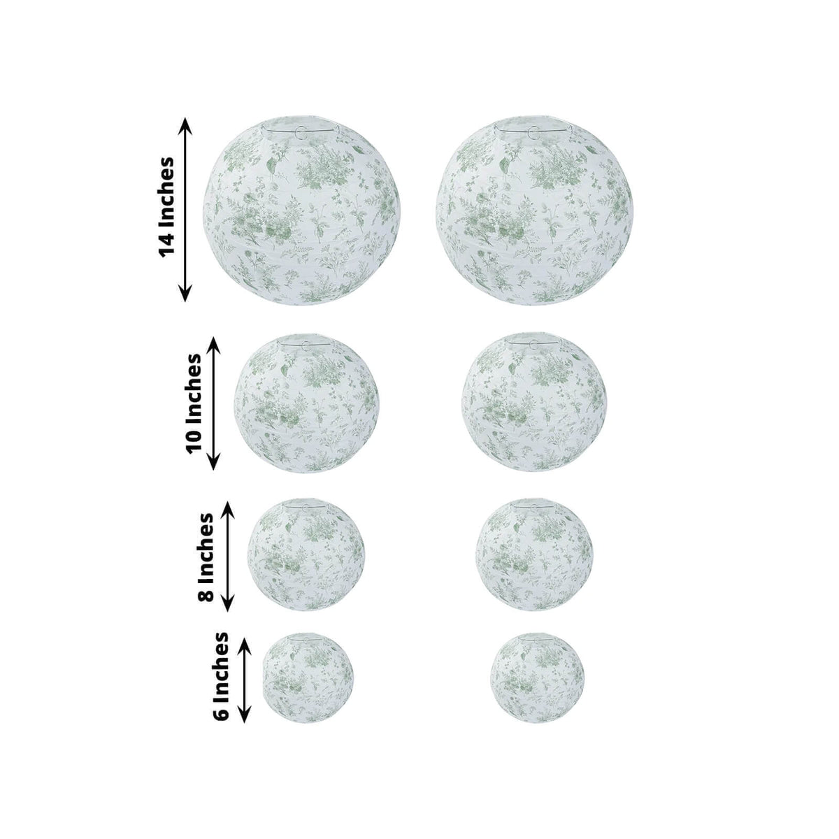 French Toile Floral Hanging Paper Lanterns 6 to 14 in Set of 8 Sage Green